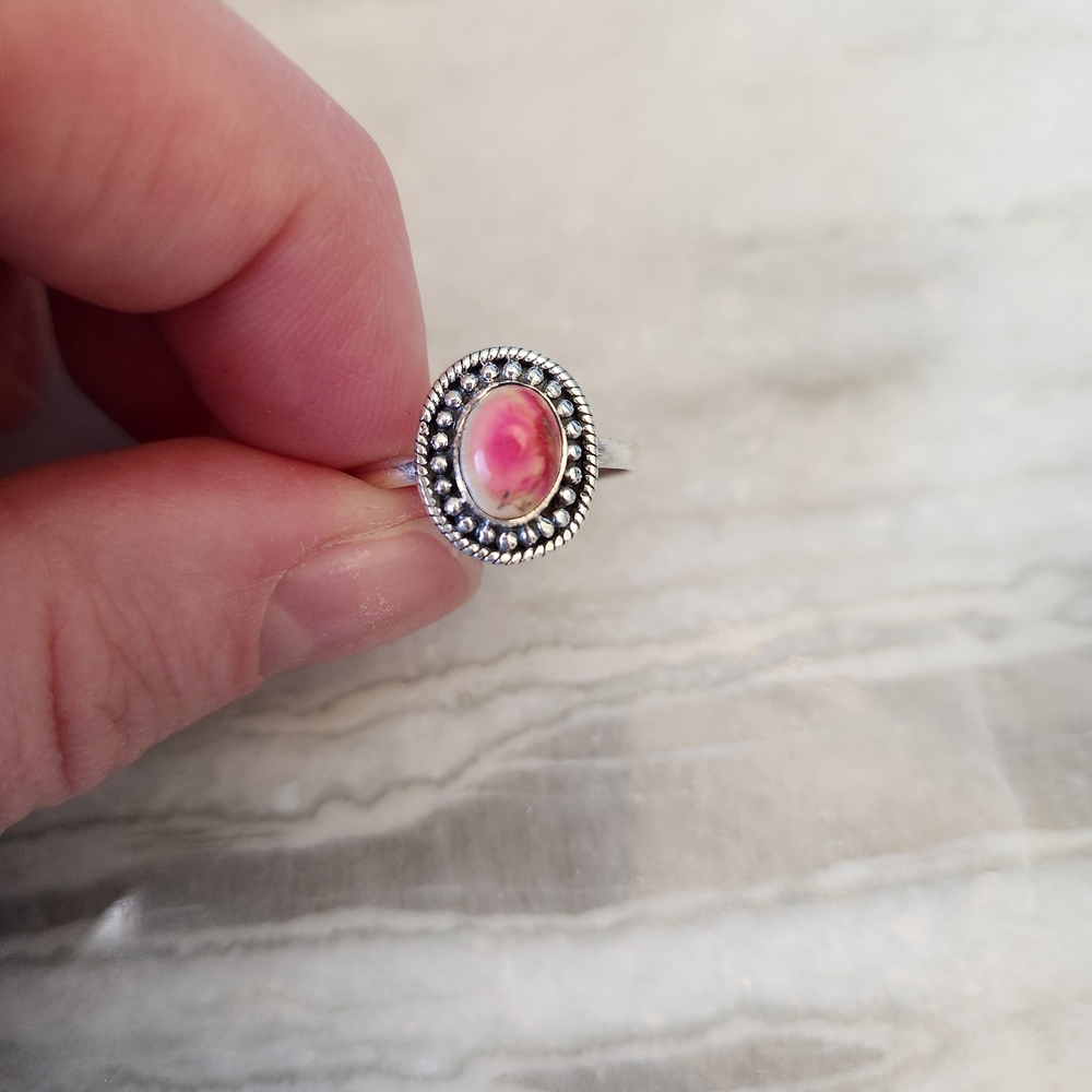 Sea Sediment Jasper Pink Oval Ring,  925 Sterling Silver, Size 9